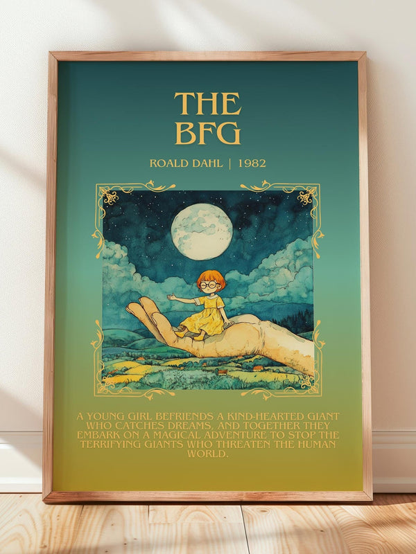 The BFG minimalist print in frame leaning in hallway – childrens wall art