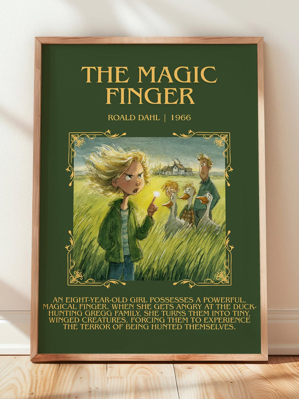 The Magic Finger minimalist print in frame leaning in hallway – childrens wall art