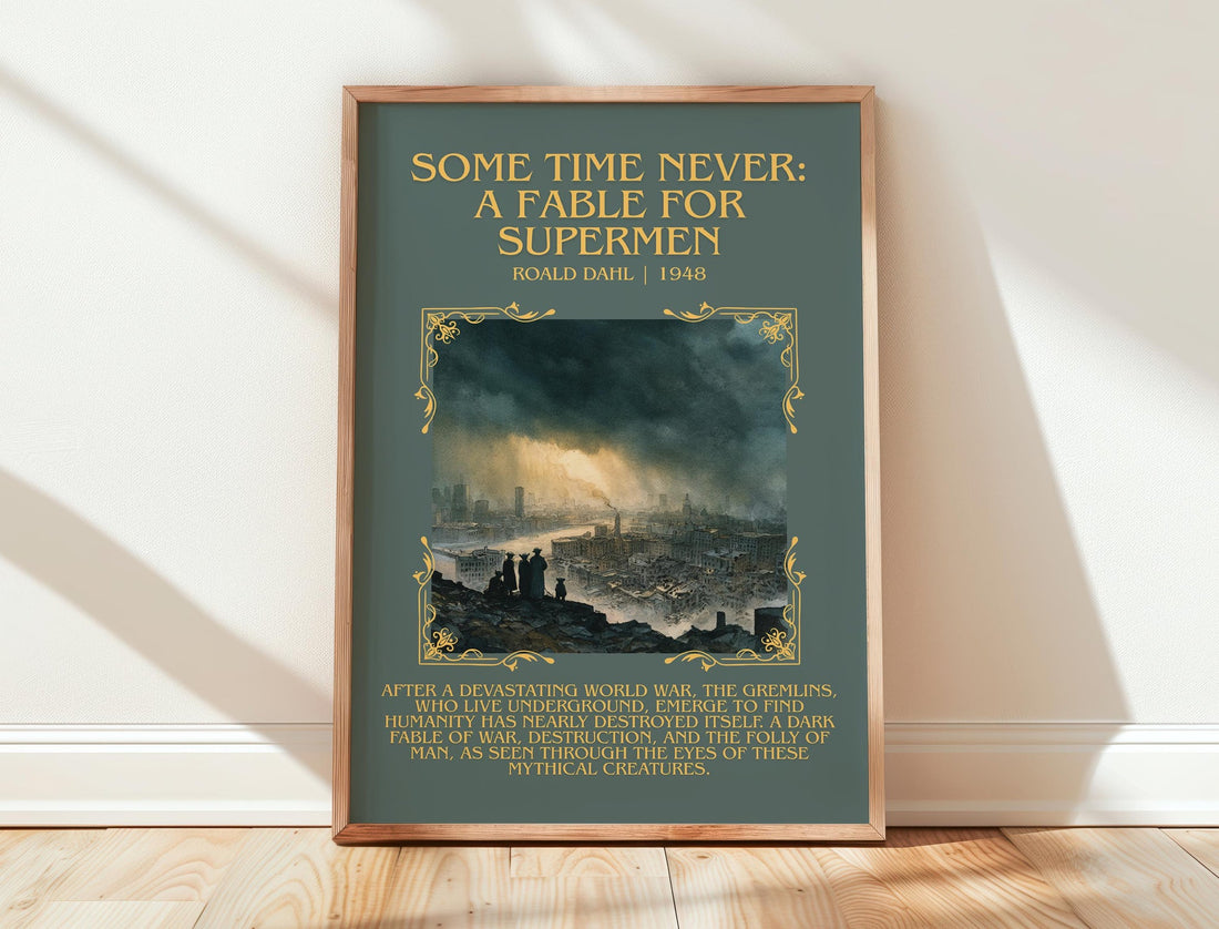 Some Time Never: A Fable for Supermen minimalist print in frame leaning in hallway – fantasy wall art (mockup)