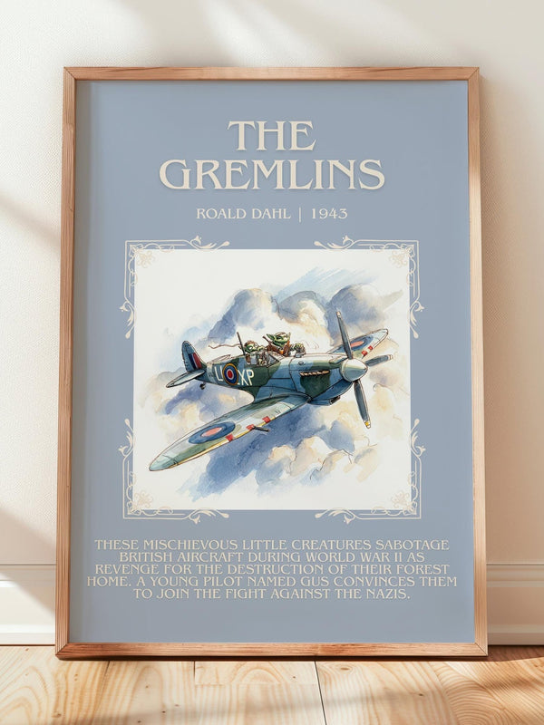 The Gremlins minimalist print in frame leaning in hallway – childrens wall art