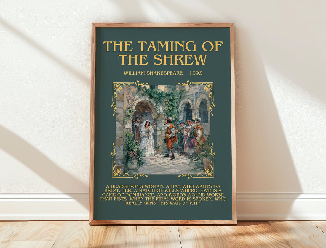 The Taming of the Shrew minimalist print in frame leaning in hallway – classic literature wall art (mockup)