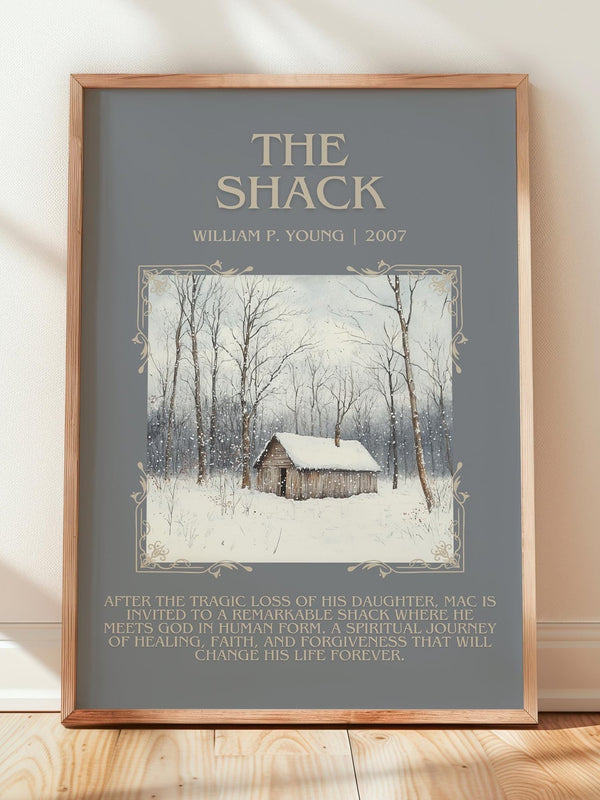 The Shack minimalist print in frame leaning in hallway – non fiction wall art