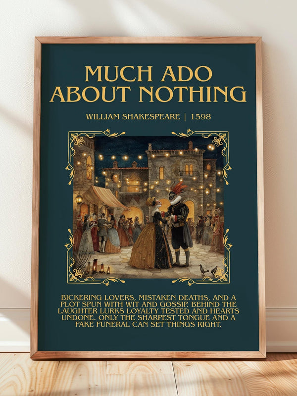 Much Ado about Nothing minimalist print in frame leaning in hallway – classic literature wall art