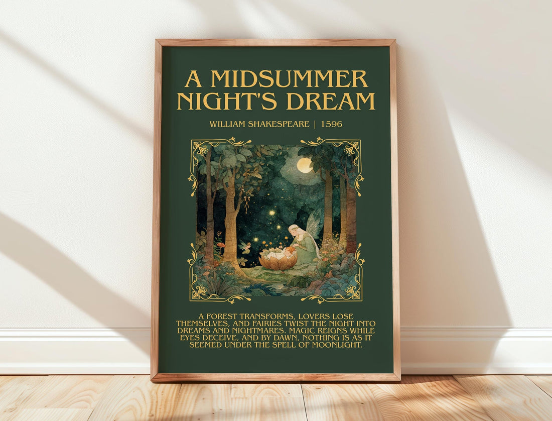 A Midsummer Night's Dream minimalist print in frame leaning in hallway – classic literature wall art (mockup)