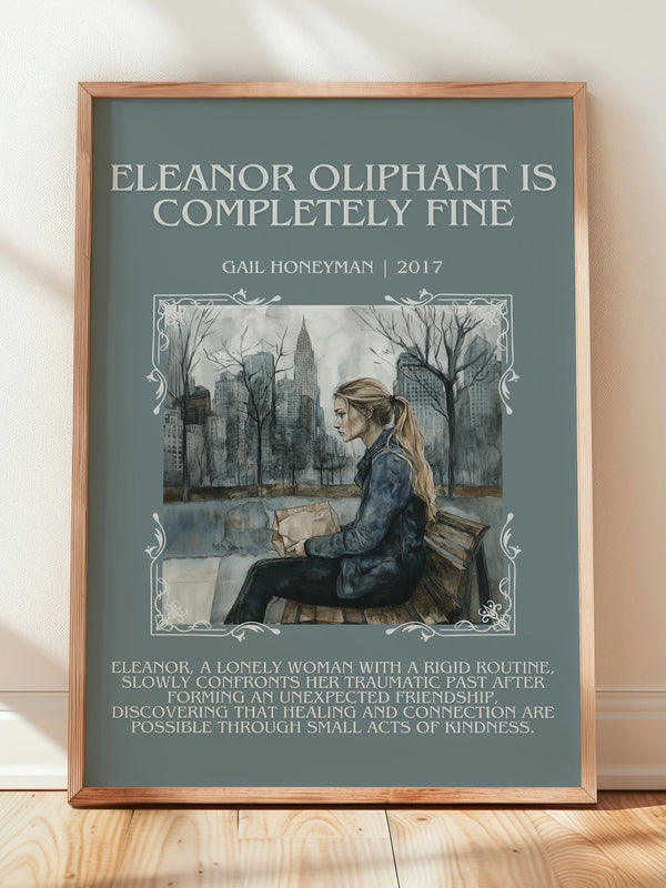 Eleanor Oliphant Is Completely Fine minimalist print in frame leaning in hallway – coming of age wall art