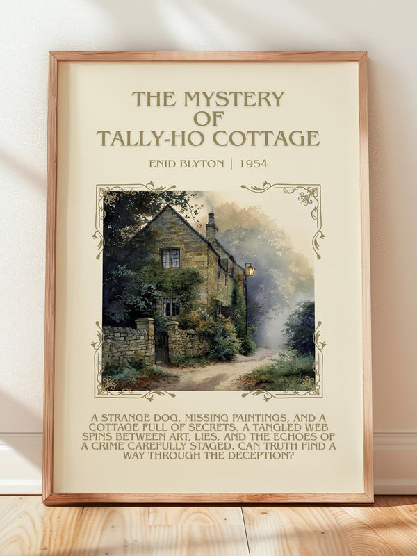 The Mystery of Tally-ho Cottage minimalist print in frame leaning in hallway – mystery wall art