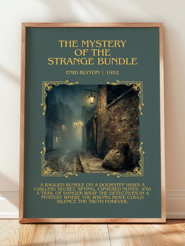 The Mystery of the Strange Bundle minimalist print in frame leaning in hallway – childrens wall art