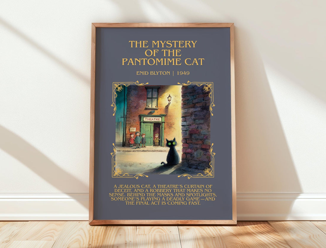 The Mystery of the Pantomime Cat minimalist print in frame leaning in hallway – mystery wall art (mockup)