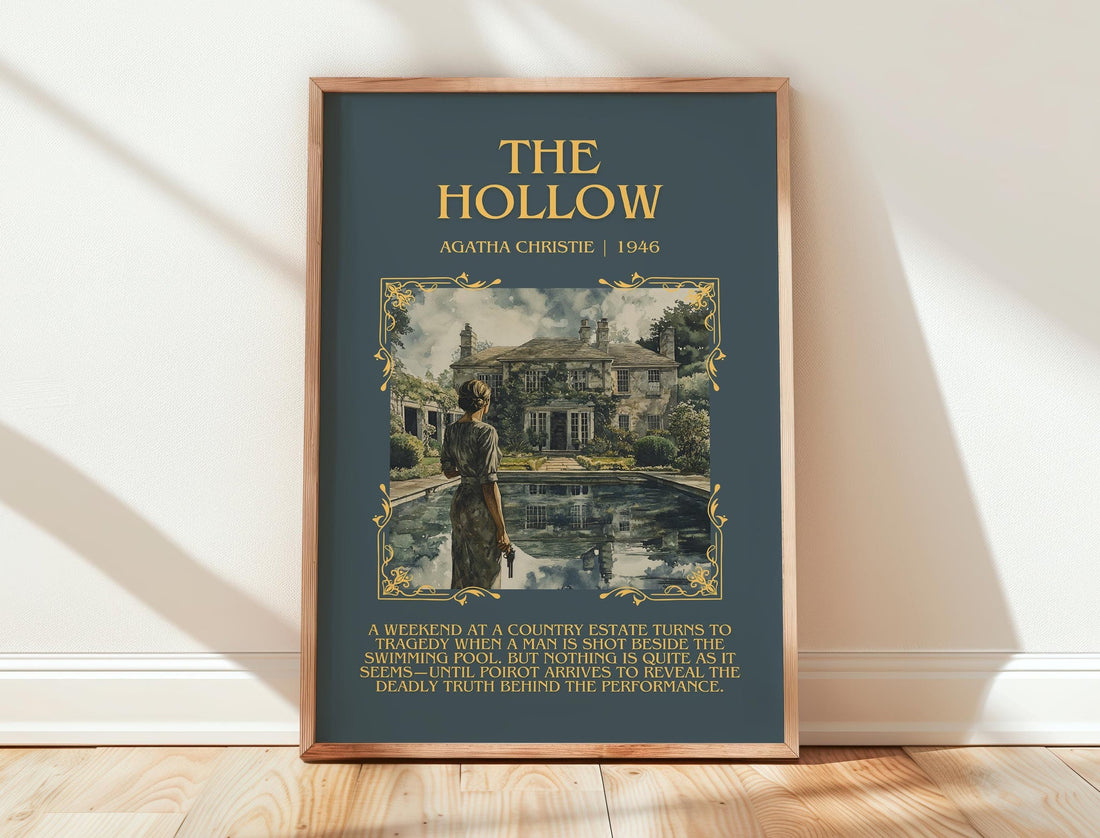 The Hollow minimalist print in frame leaning in hallway – mystery wall art (mockup)