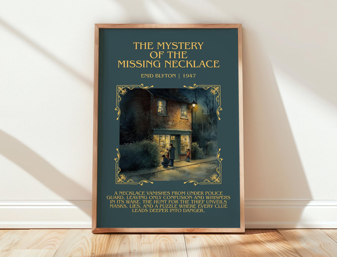 The Mystery Of The Missing Necklace minimalist print in frame leaning in hallway – childrens wall art (mockup)