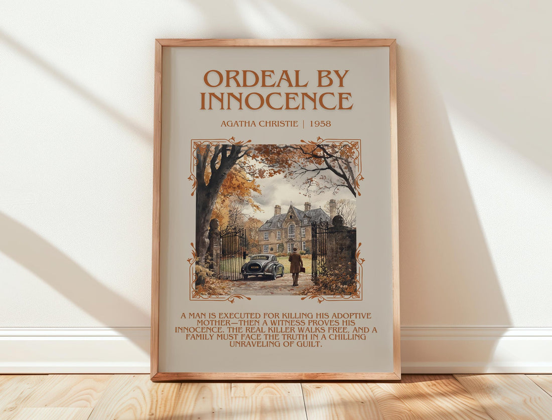 Ordeal by Innocence minimalist print in frame leaning in hallway – mystery wall art (mockup)