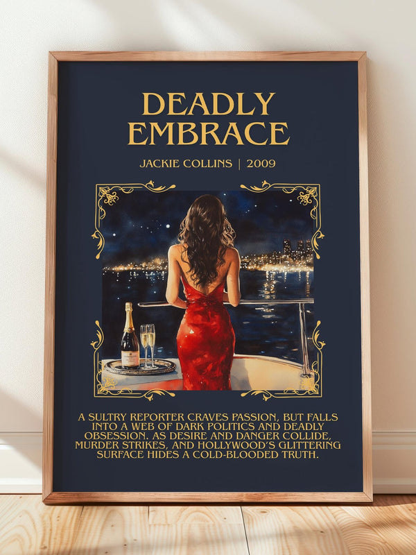 Deadly Embrace minimalist print in frame leaning in hallway – romance wall art