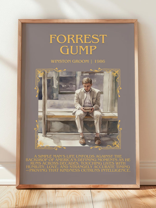 Forrest Gump minimalist print in frame leaning in hallway – literary fiction wall art