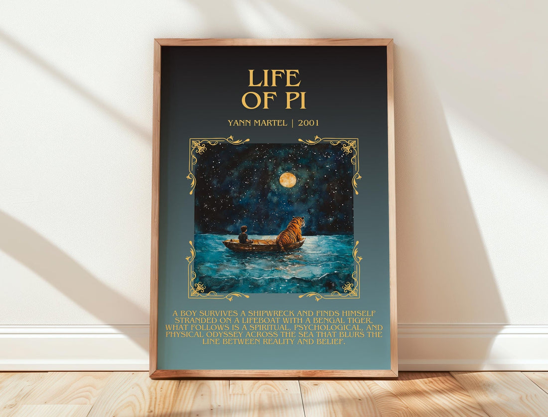 Life of Pi minimalist print in frame leaning in hallway – literary fiction wall art (mockup)