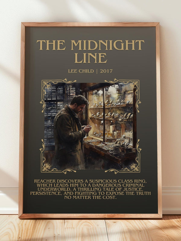 The Midnight Line minimalist print in frame leaning in hallway – thriller wall art