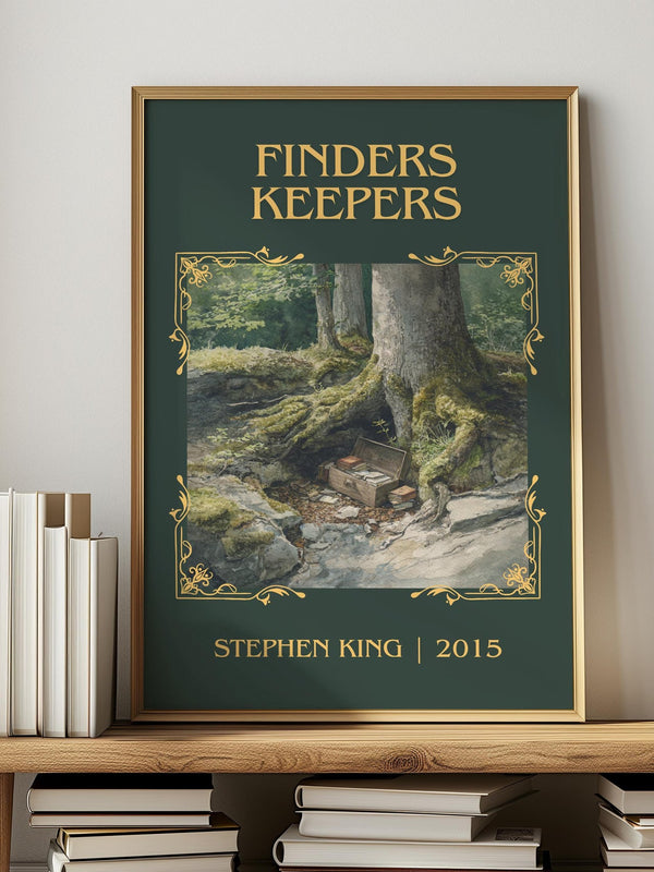 Finders Keepers classic book art print in frame leaning in hallway – thriller wall art