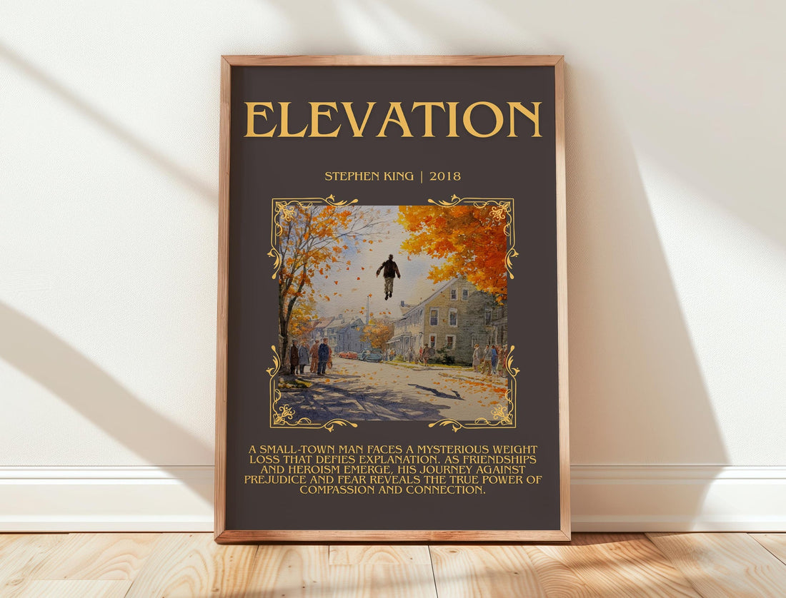 Elevation minimalist print in frame leaning in hallway – horror wall art (mockup)