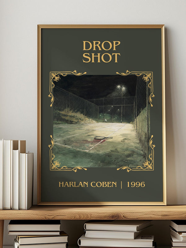 Drop Shot classic book art print in frame leaning in hallway – mystery wall art