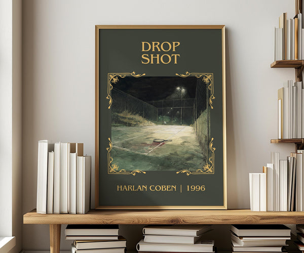 Drop Shot classic book art print in frame leaning in hallway – mystery wall art