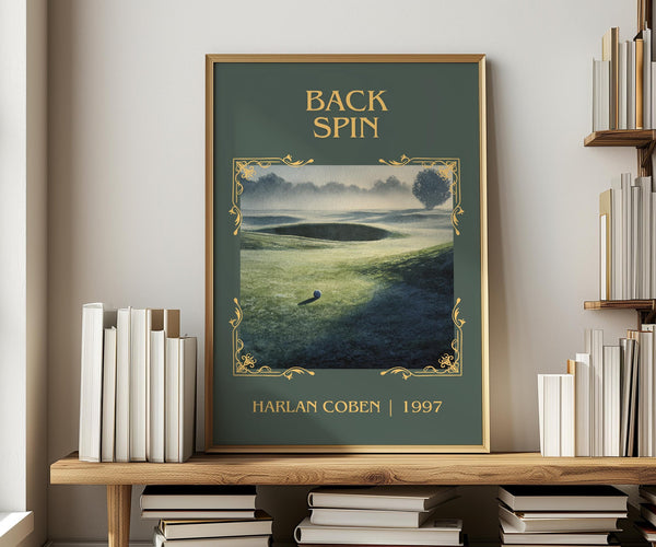 Back Spin classic book art print in frame leaning in hallway – thriller wall art