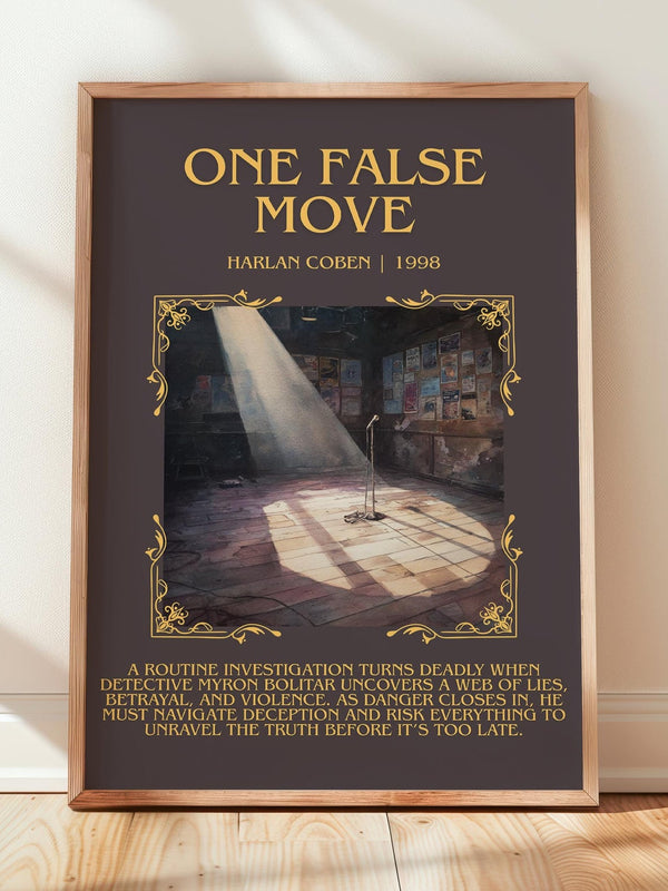 One False Move minimalist print in frame leaning in hallway – thriller wall art