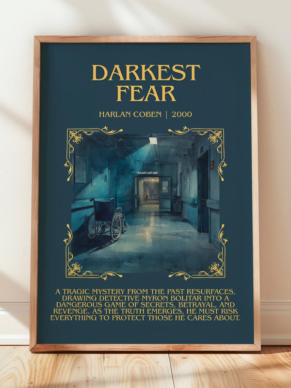 Darkest Fear minimalist print in frame leaning in hallway – thriller wall art