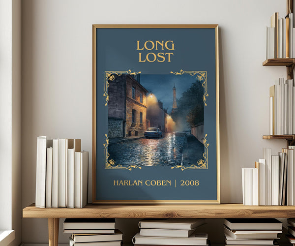 Long Lost classic book art print in frame leaning in hallway – thriller wall art