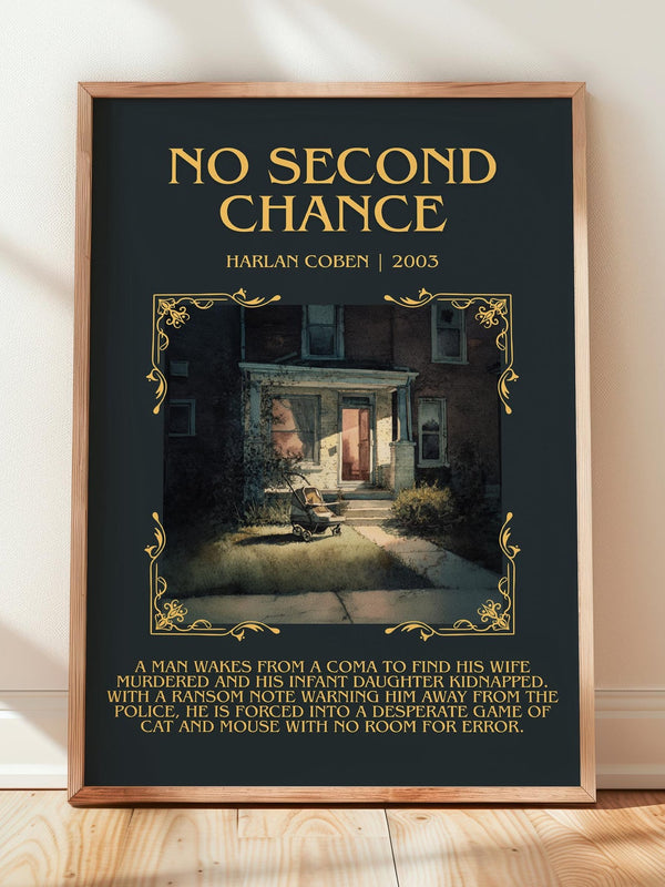 No Second Chance minimalist print in frame leaning in hallway – thriller wall art