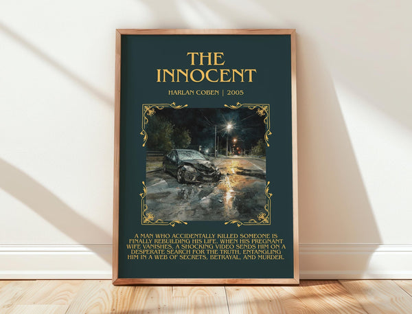 The Innocent minimalist print in frame leaning in hallway – thriller wall art