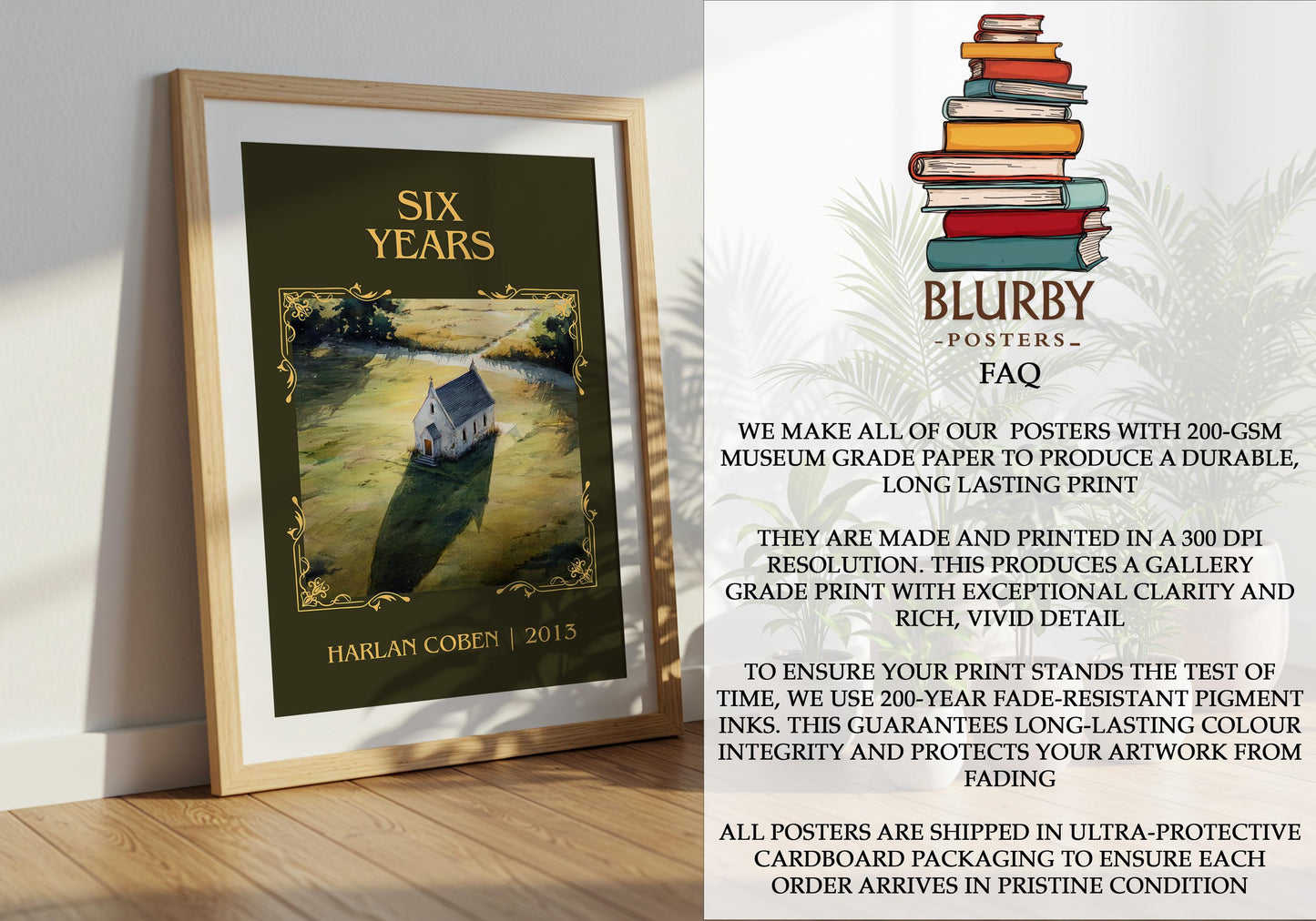 Six Years by Harlan Coben Descriptive Poster Print. Free Delivery Wall Art Author & Blurb Book Artwork
