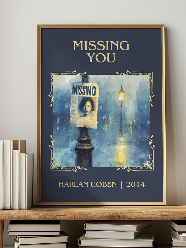 Missing You classic book art print in frame leaning in hallway – thriller wall art