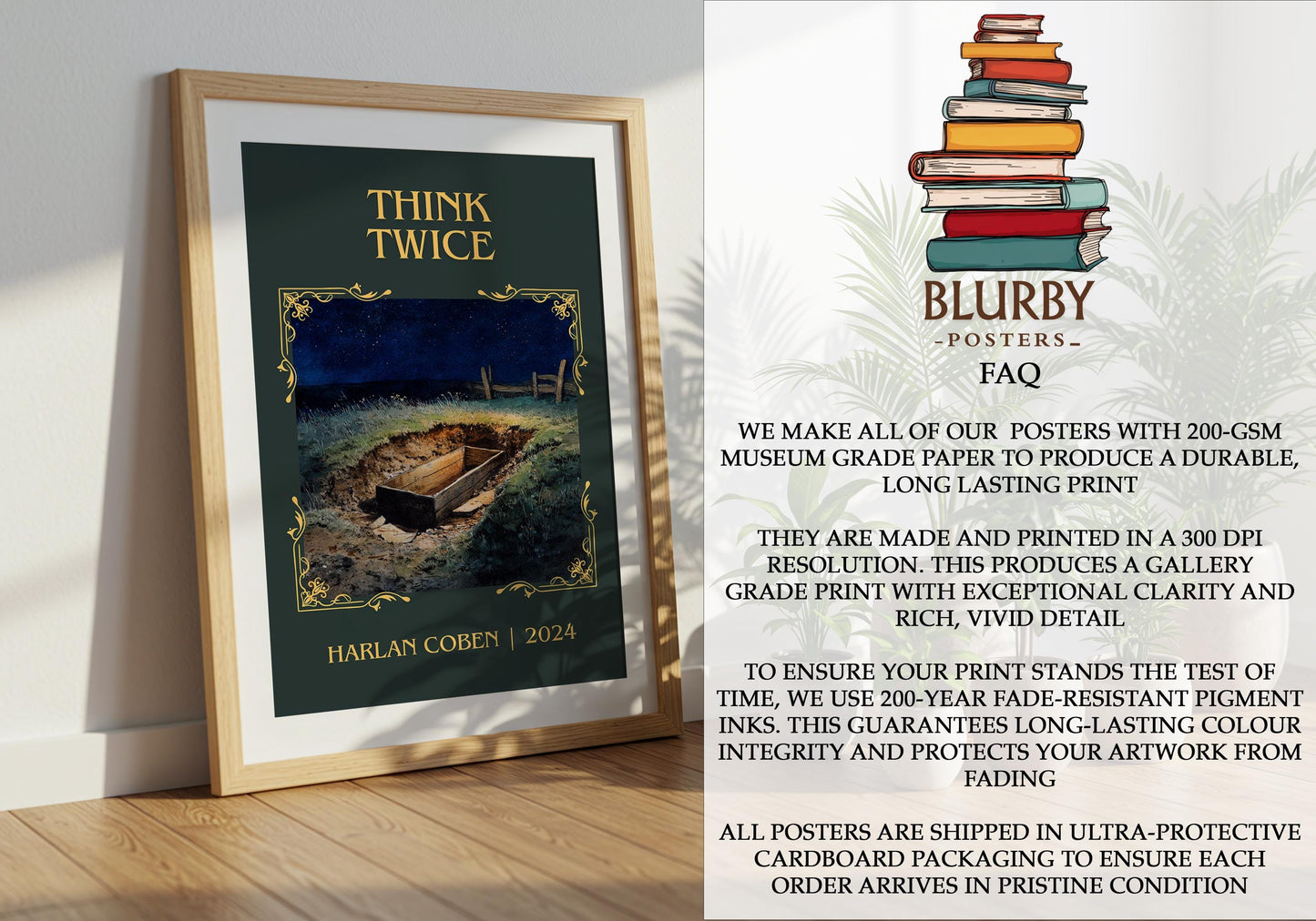 Think Twice by Harlan Coben Descriptive Poster Print. Free Delivery Wall Art Author & Blurb Book Artwork