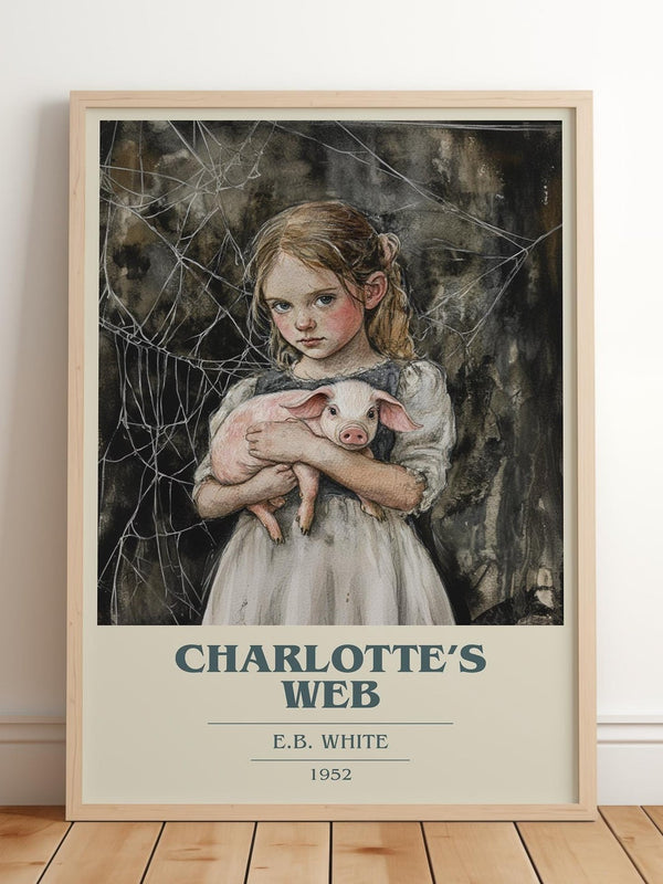 Charlotte's Web book cover print in frame leaning in hallway – childrens wall art