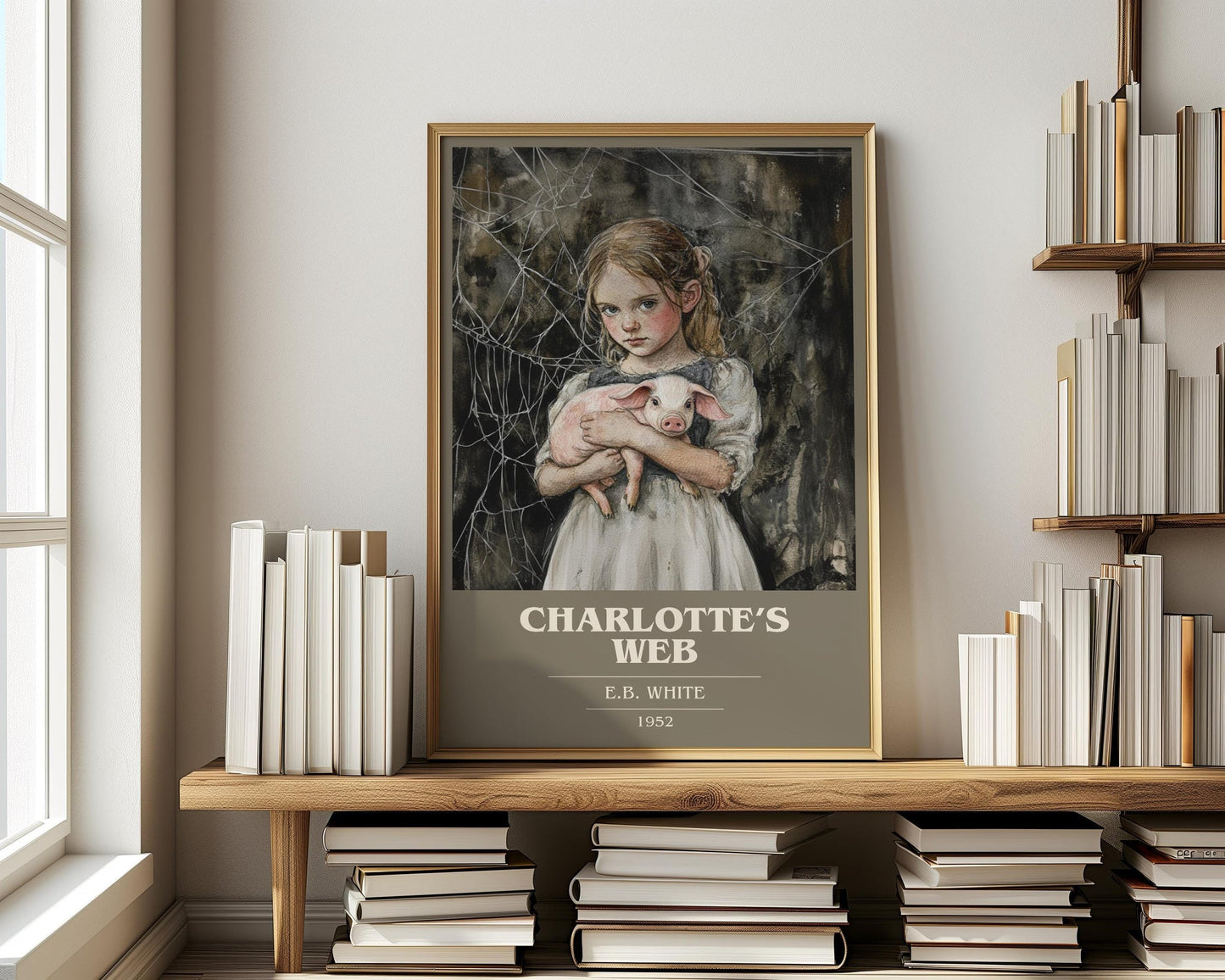 Charlotte's Web book cover print on bookshelf – E B White fan gift