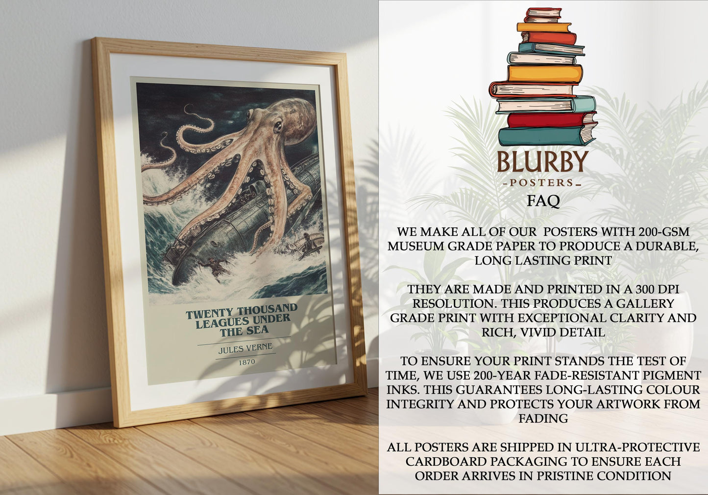 Twenty Thousand Leagues Under the Sea by Jules Verne Descriptive Poster Print. Free Delivery Wall Art Author & Blurb Book Artwork Novel