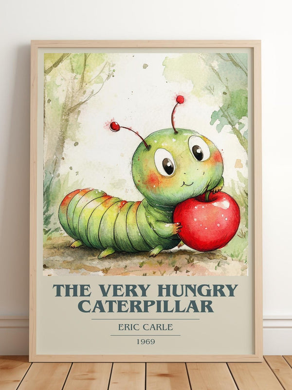 The Very Hungry Caterpillar book cover print in frame leaning in hallway – childrens wall art
