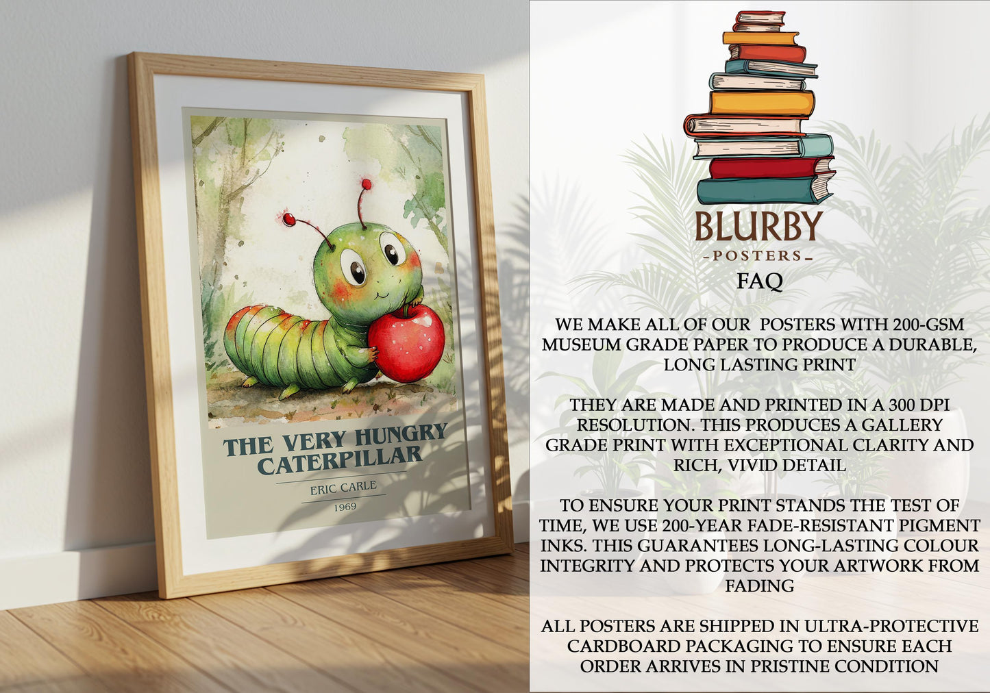 The Very Hungry Caterpillar by Eric Carle Descriptive Poster Print. Free Delivery Wall Art Author & Blurb Book Artwork Novel