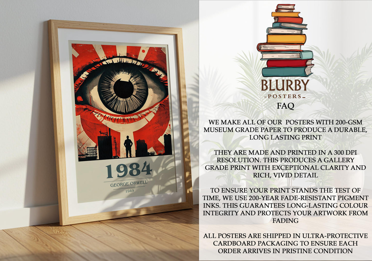 1984 by George Orwell Descriptive Poster Print. Free Delivery Wall Art Author & Blurb Book Artwork Novel