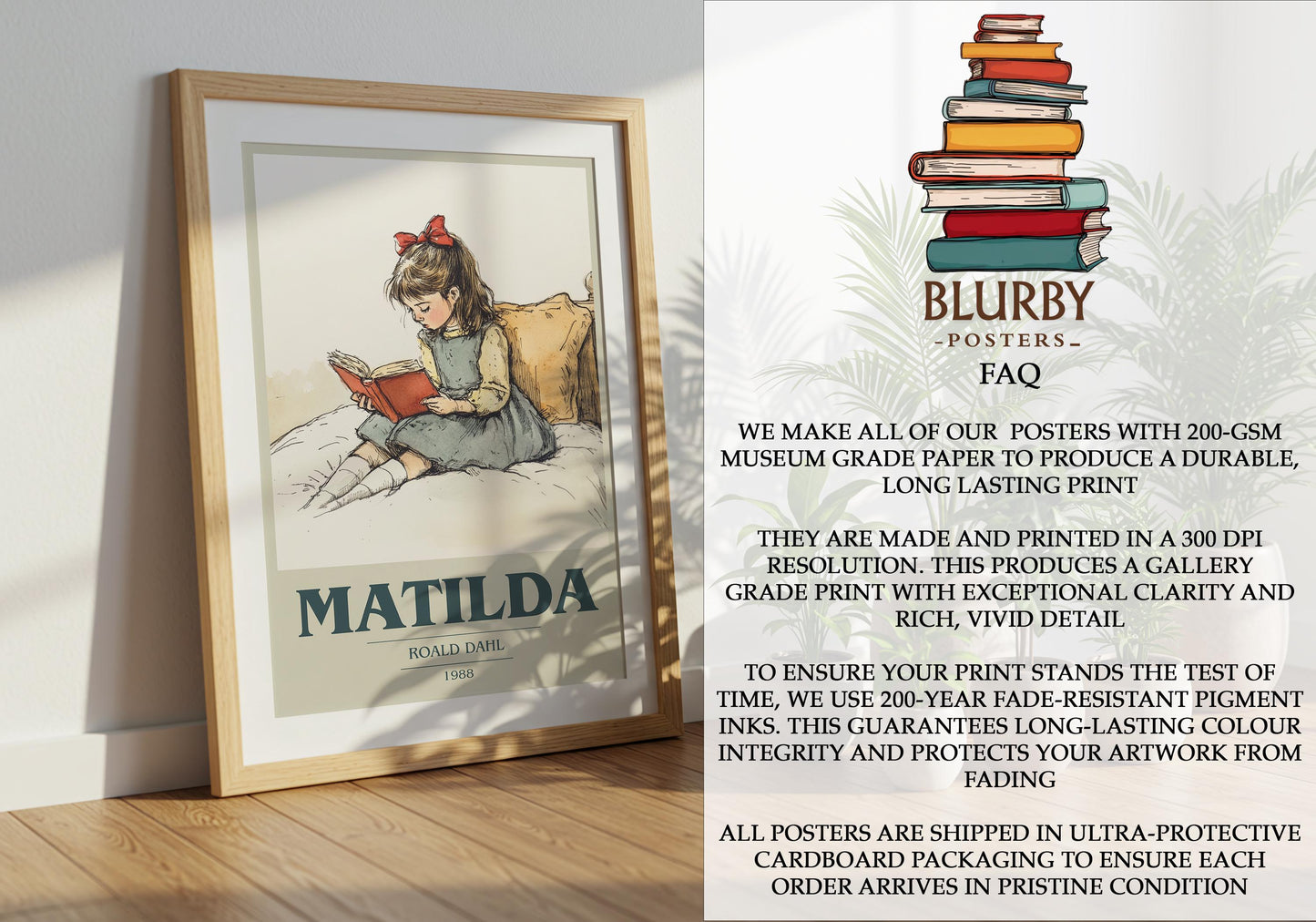 Matilda by Roald Dahl Descriptive Poster Print. Free Delivery Wall Art Author & Blurb Book Artwork Novel