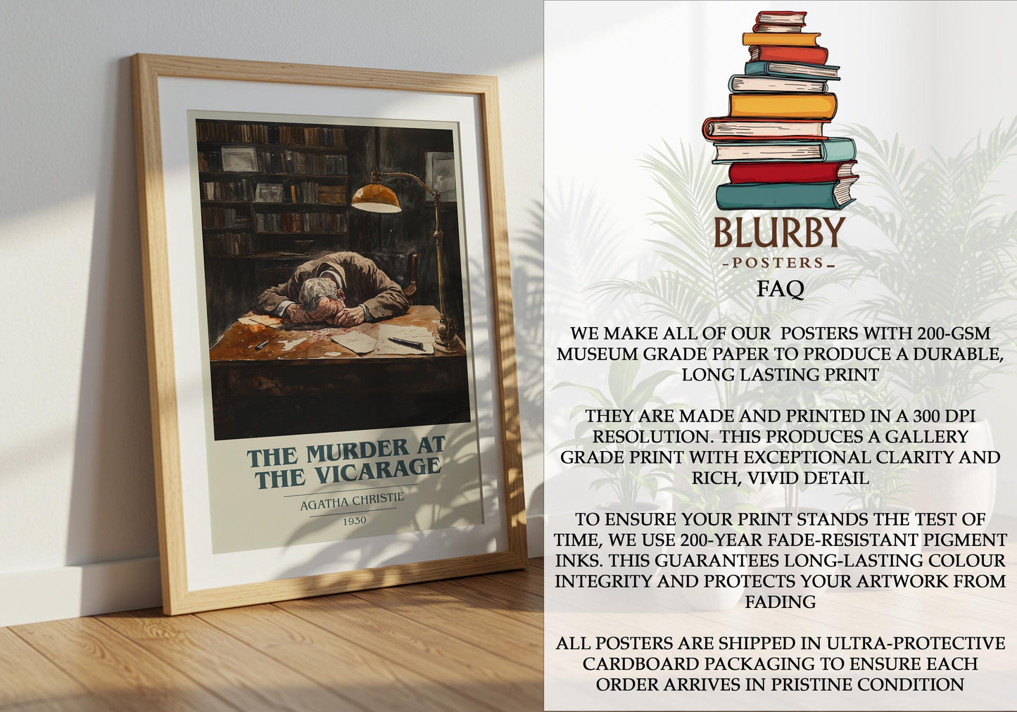 The Murder at the Vicarage by Agatha Christie Descriptive Poster Print. Free Delivery Wall Art Author & Blurb Book Artwork Novel