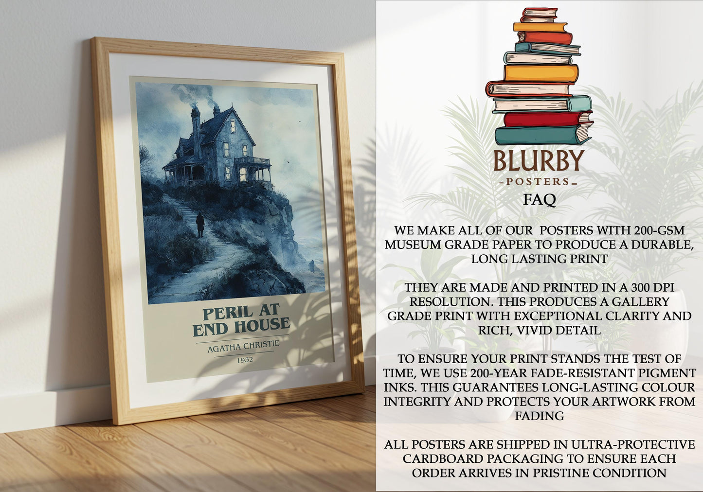 Peril at End House by Agatha Christie Descriptive Poster Print. Free Delivery Wall Art Author & Blurb Book Artwork Novel