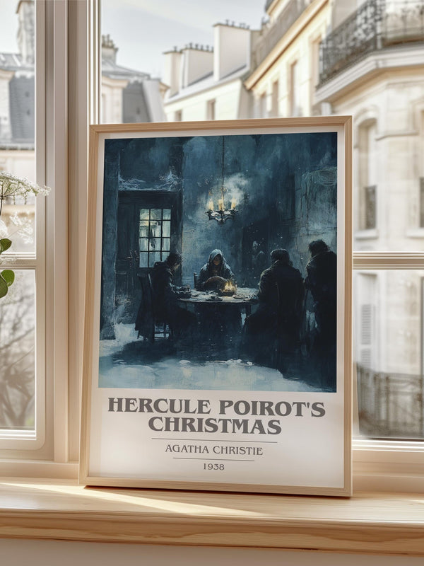 Hercule Poirot's Christmas book cover print in frame leaning in hallway – mystery wall art