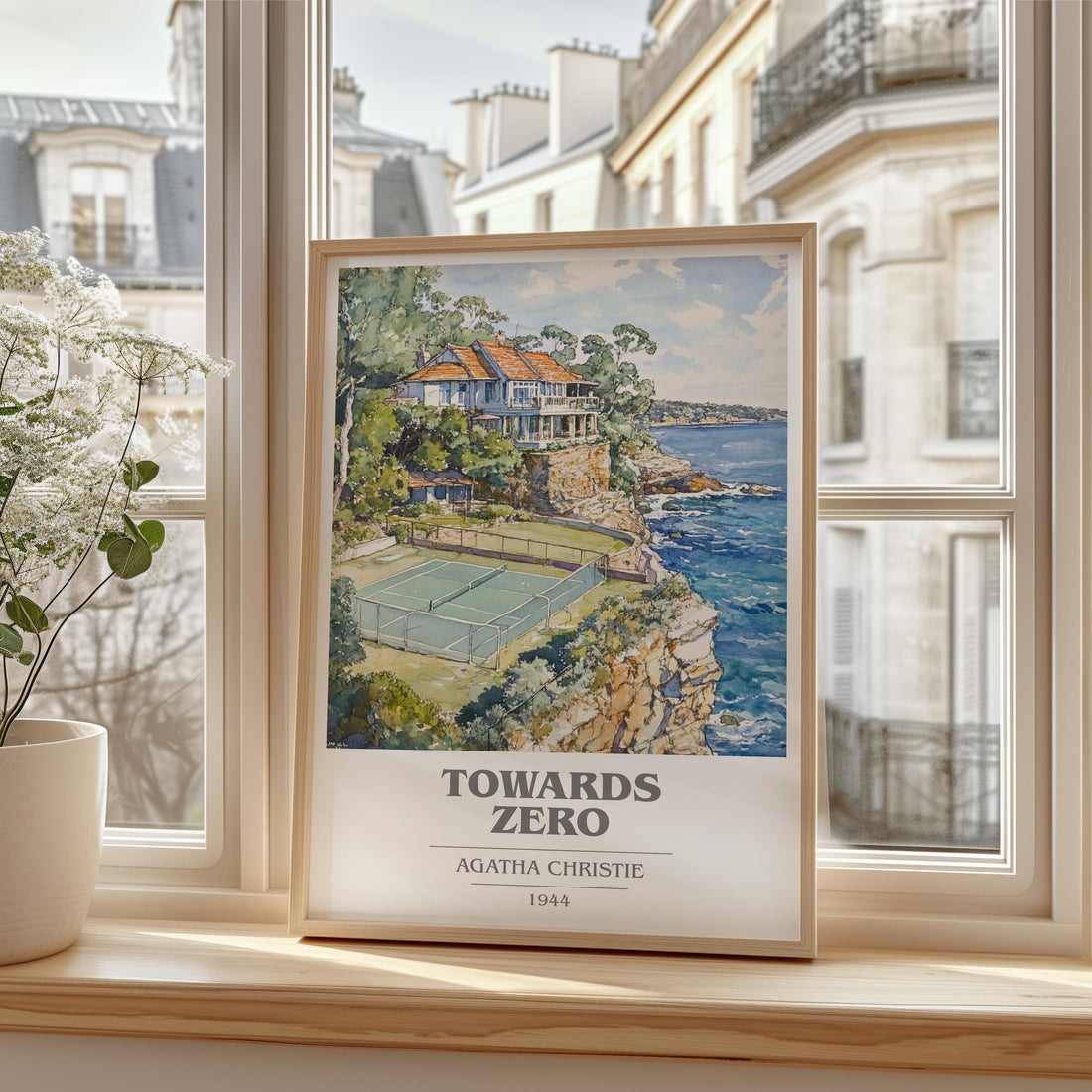 Towards Zero book cover print in frame leaning in hallway – mystery wall art (mockup)