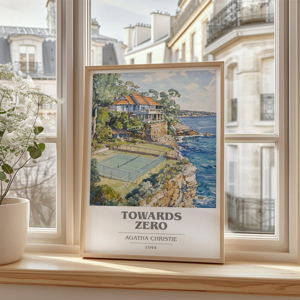 Towards Zero book cover print in frame leaning in hallway – mystery wall art