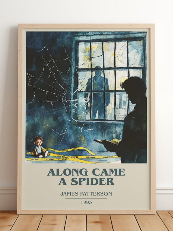 Along Came a Spider book cover print in frame leaning in hallway – crime wall art
