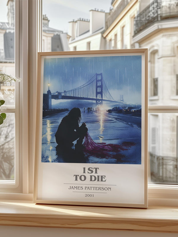 First To Die book cover print in frame leaning in hallway – thriller wall art