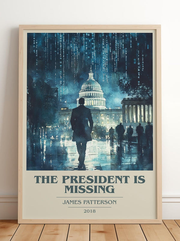 The President Is Missing book cover print in frame leaning in hallway – thriller wall art
