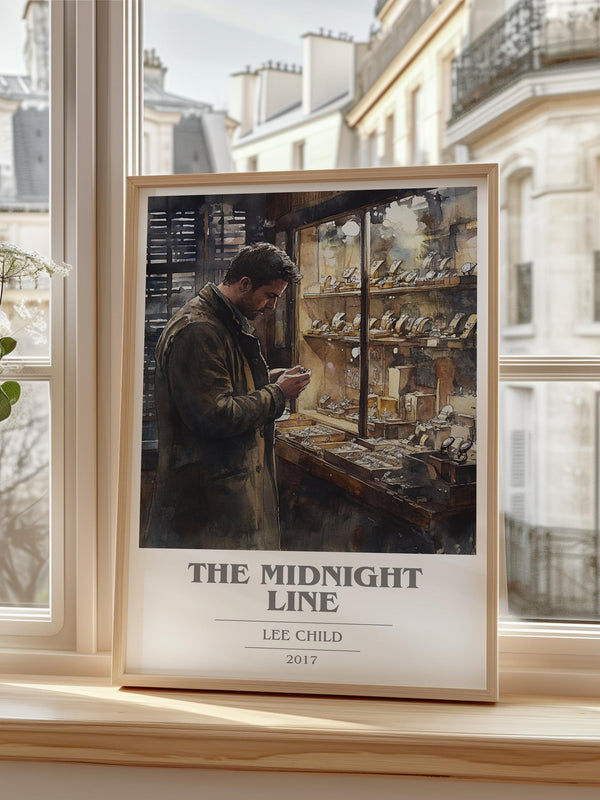 The Midnight Line book cover print in frame leaning in hallway – thriller wall art