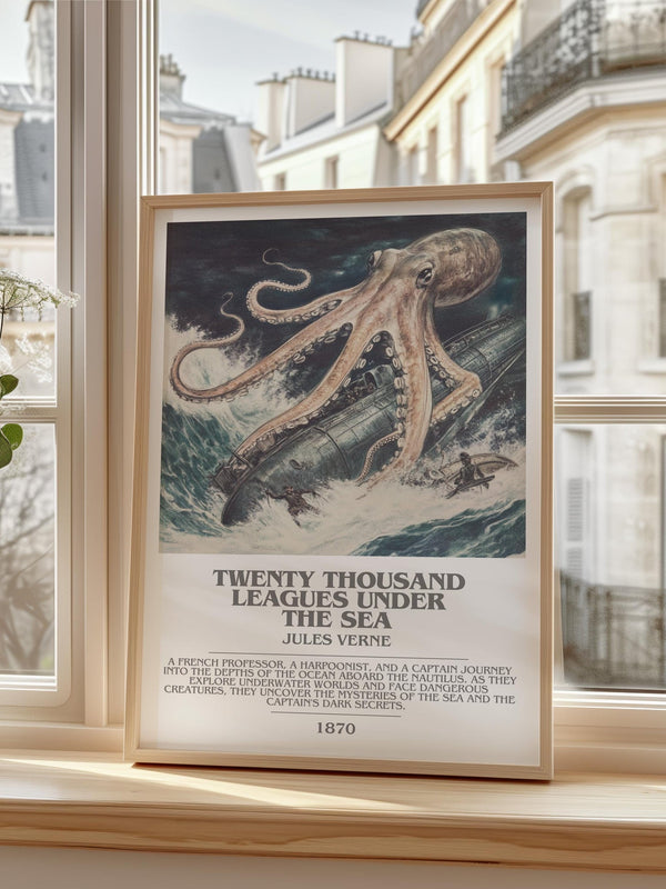 Twenty Thousand Leagues Under the Sea bookish print framed by window – literary home decor