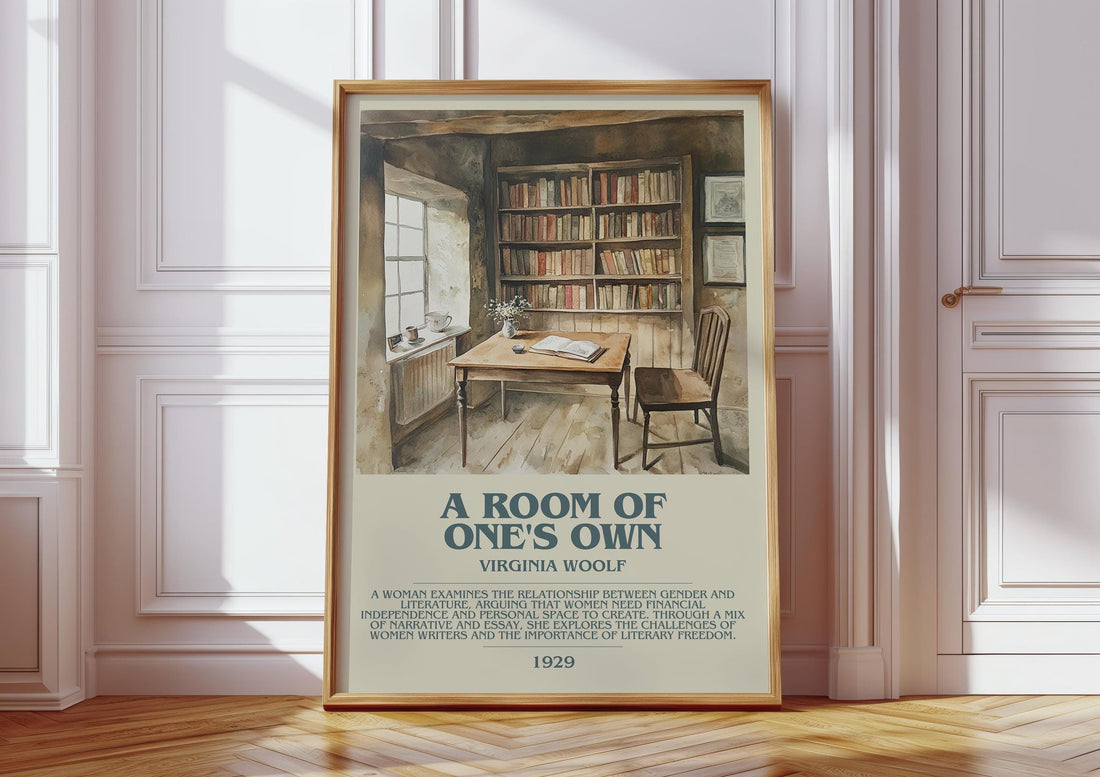 A Room Of One's Own bookish print in frame leaning in hallway – coming of age wall art (mockup)